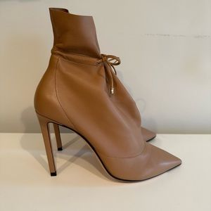 Jimmy Choo Stitch 100 Drawstring Leather Ankle Boots Tan size 39.5 NEVER WORN